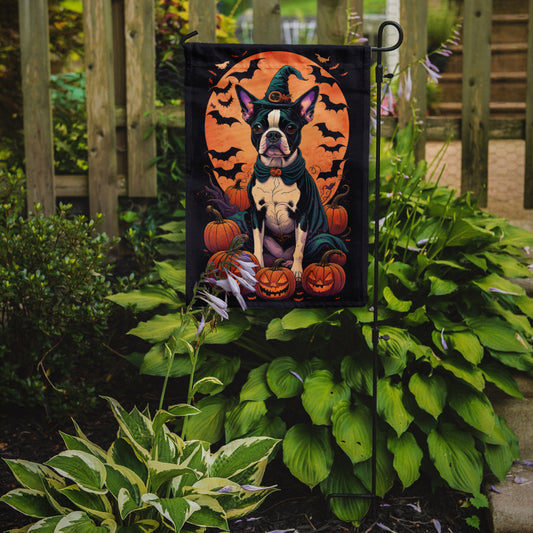 Boston Terrier Witchy Halloween Garden Flag – Witch Dog with Pumpkins, Bats & Jack-o'-Lanterns