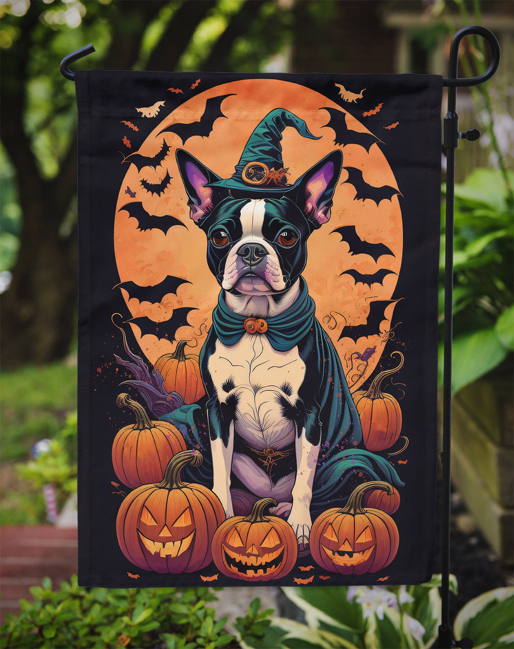 Boston Terrier Witchy Halloween Garden Flag – Witch Dog with Pumpkins, Bats & Jack-o'-Lanterns