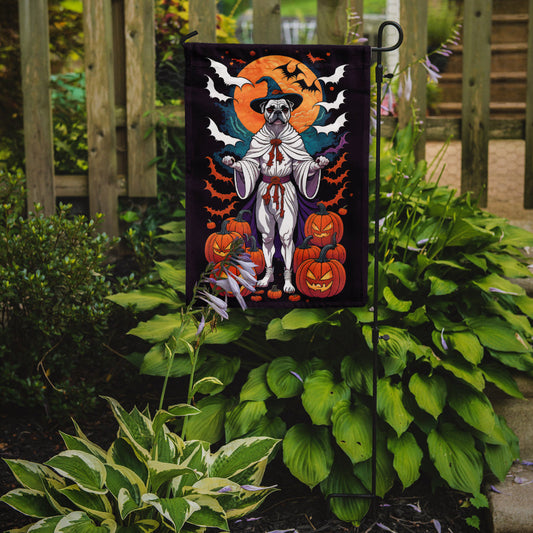 White Boxer Witchy Halloween Garden Flag – Witch Dog with Pumpkins, Bats & Jack-o'-Lanterns