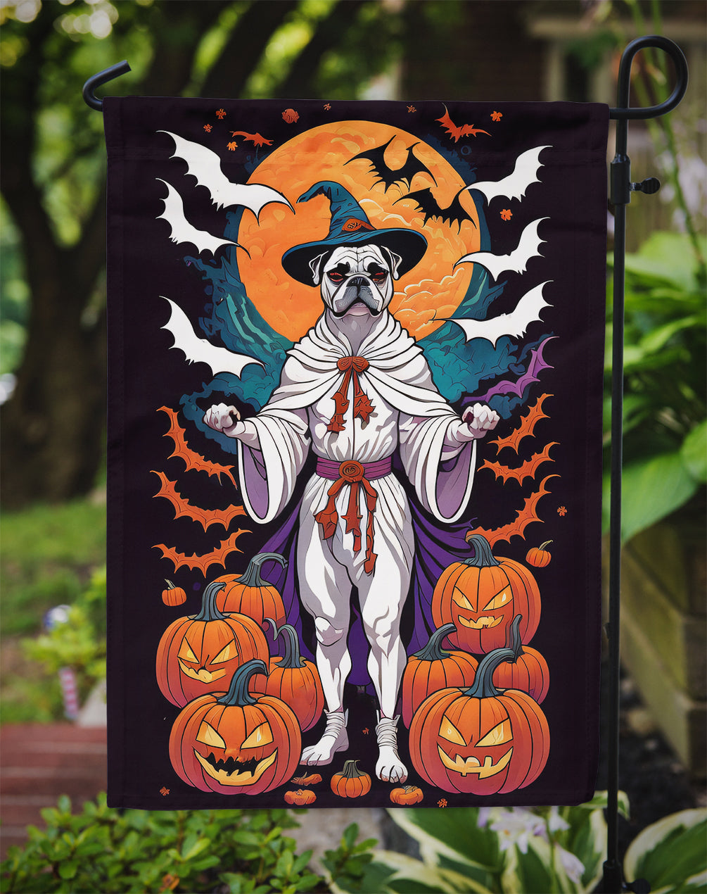 White Boxer Witchy Halloween Garden Flag – Witch Dog with Pumpkins, Bats & Jack-o'-Lanterns
