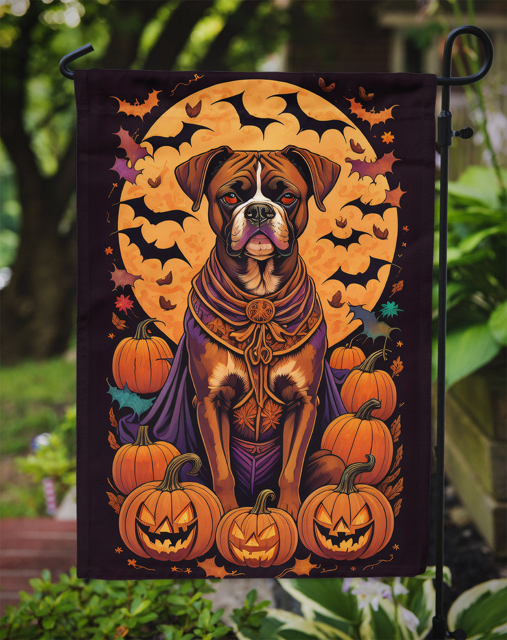 Boxer Witchy Halloween Garden Flag – Witch Dog with Pumpkins, Bats & Jack-o'-Lanterns