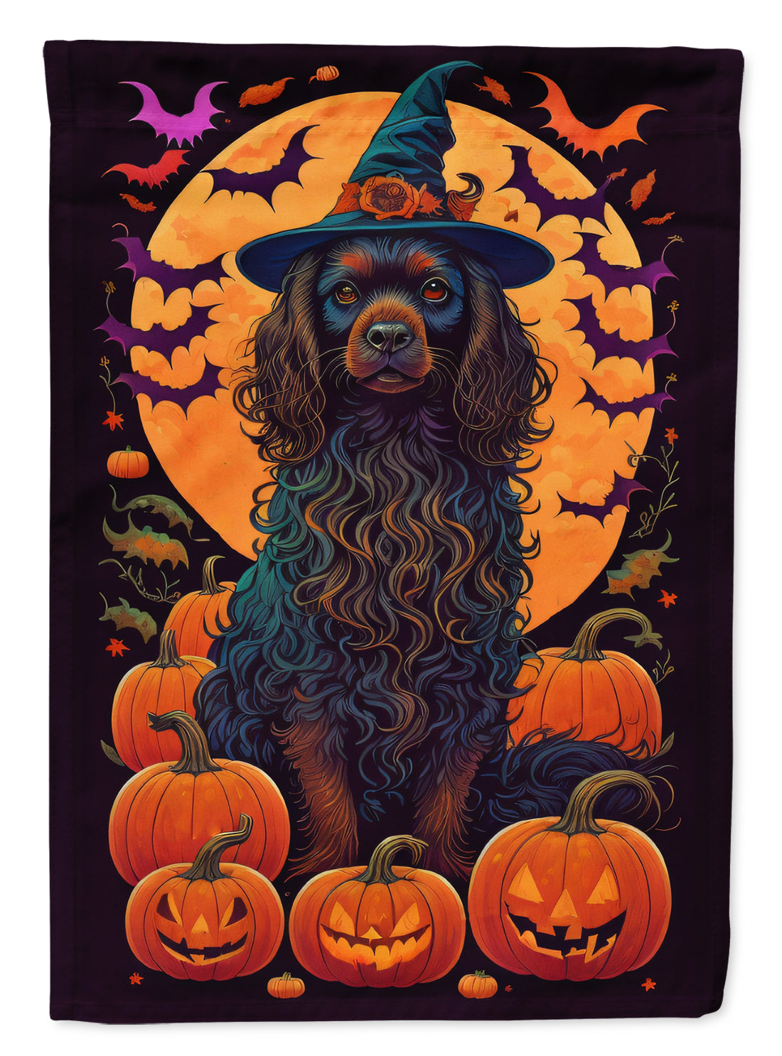 Boykin Spaniel Witchy Halloween Garden Flag – Witch Dog with Pumpkins, Bats & Jack-o'-Lanterns