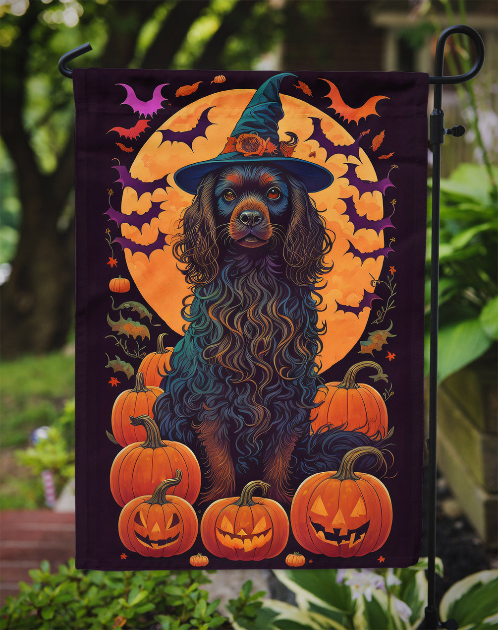 Boykin Spaniel Witchy Halloween Garden Flag – Witch Dog with Pumpkins, Bats & Jack-o'-Lanterns