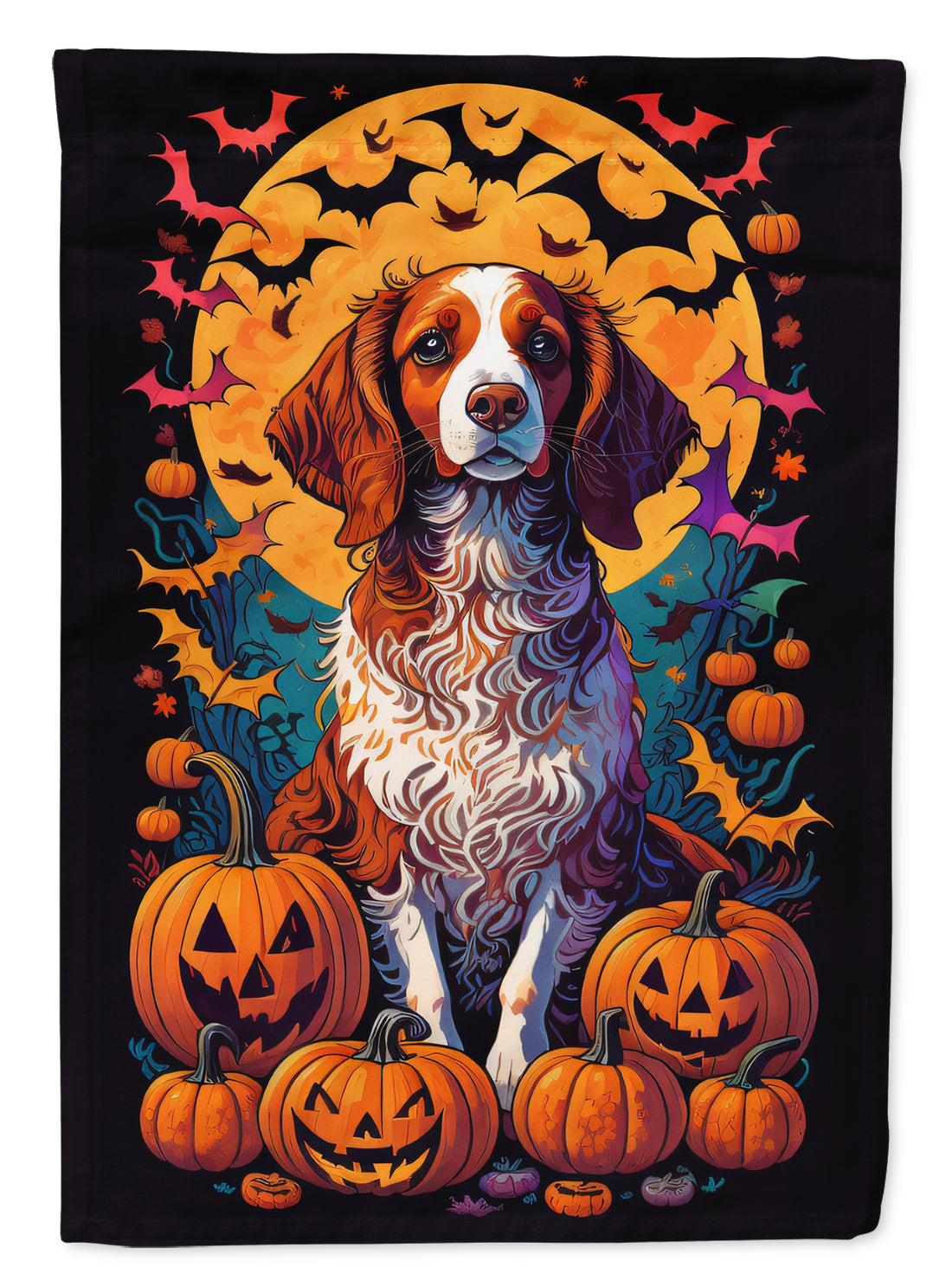 Brittany Spaniel Witchy Halloween Garden Flag – Witch Dog with Pumpkins, Bats & Jack-o'-Lanterns