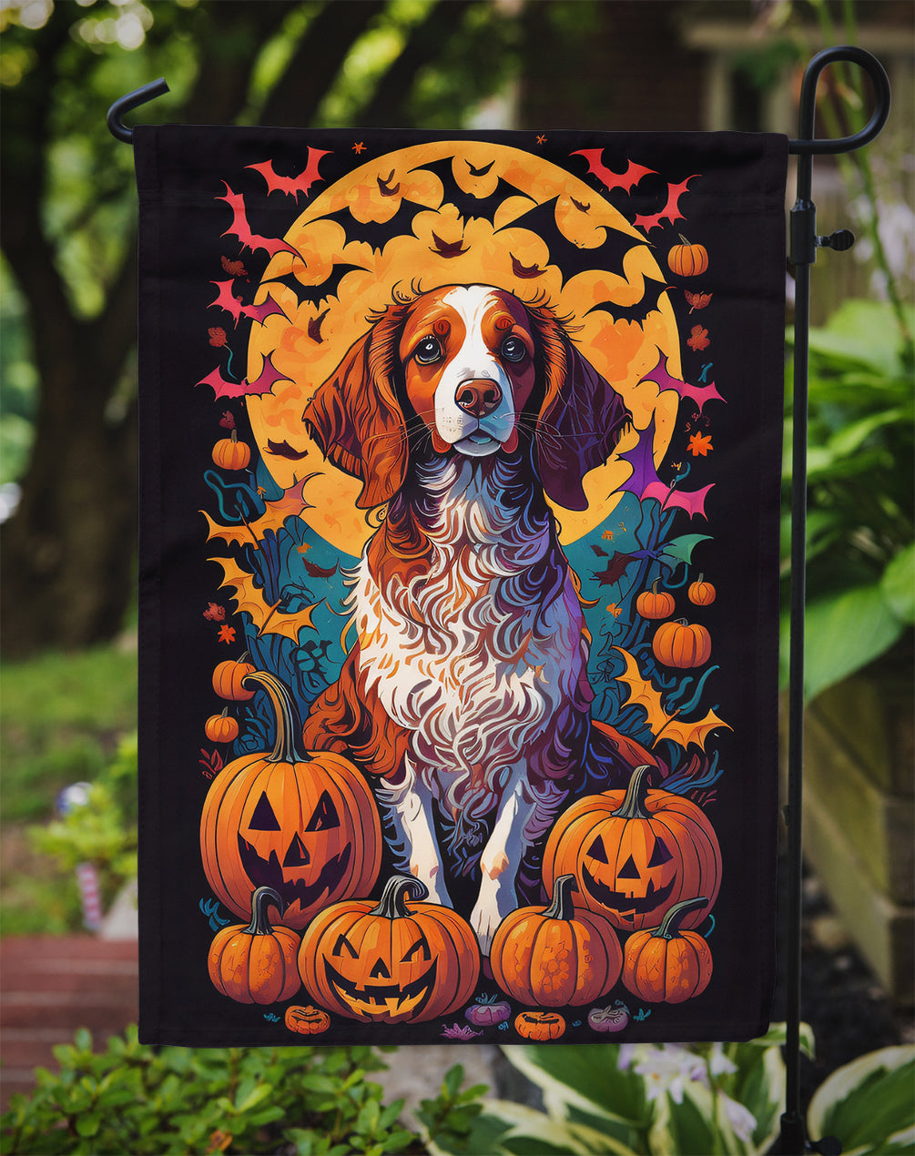Brittany Spaniel Witchy Halloween Garden Flag – Witch Dog with Pumpkins, Bats & Jack-o'-Lanterns