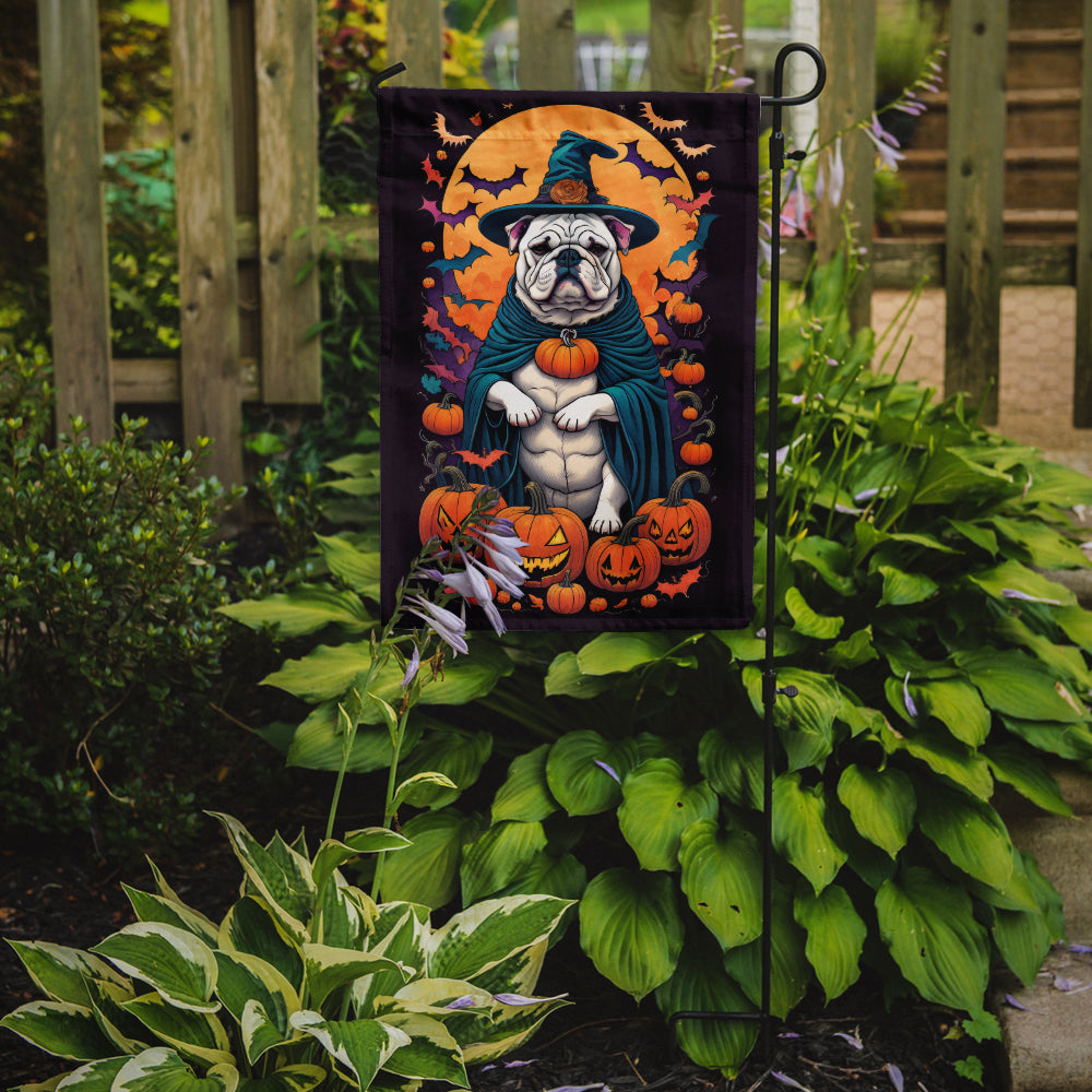 White English Bulldog Witchy Halloween Garden Flag – Witch Dog with Pumpkins, Bats & Jack-o'-Lanterns