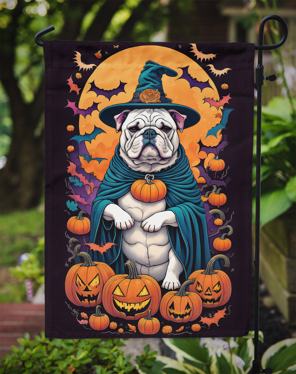 White English Bulldog Witchy Halloween Garden Flag – Witch Dog with Pumpkins, Bats & Jack-o'-Lanterns