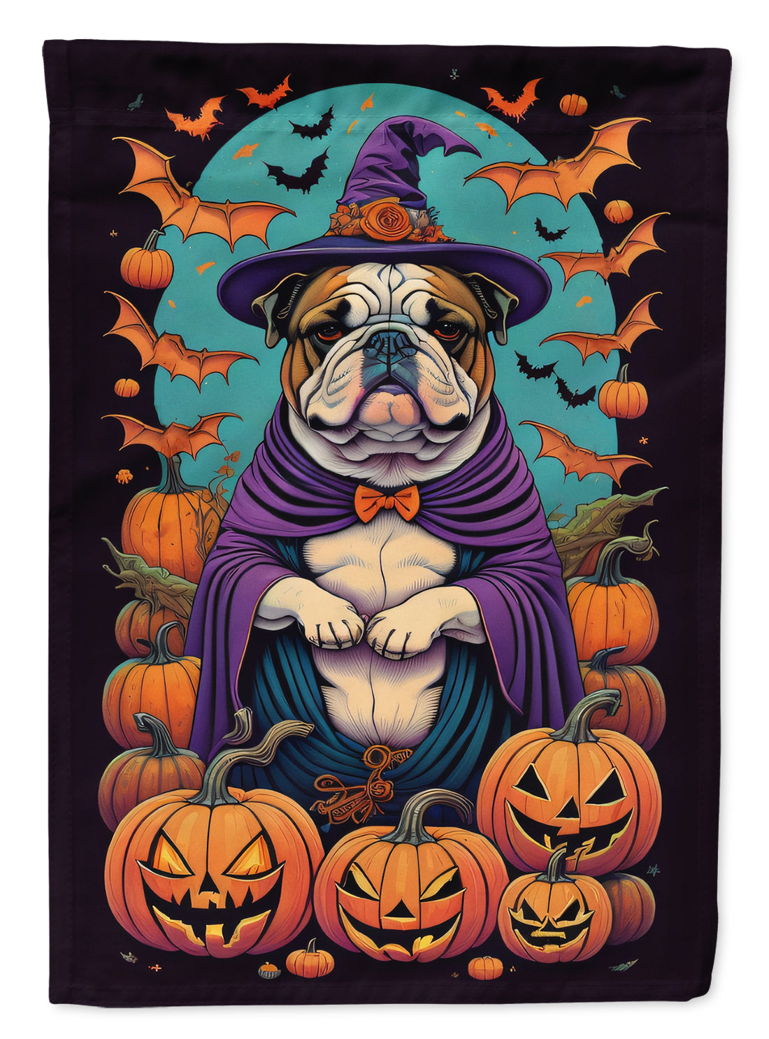 English Bulldog Witchy Halloween Garden Flag – Witch Dog with Pumpkins, Bats & Jack-o'-Lanterns