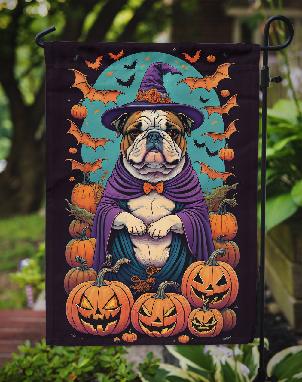 English Bulldog Witchy Halloween Garden Flag – Witch Dog with Pumpkins, Bats & Jack-o'-Lanterns