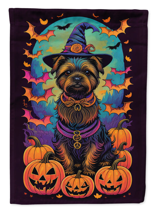 Cairn Terrier Witchy Halloween Garden Flag – Witch Dog with Pumpkins, Bats & Jack-o'-Lanterns