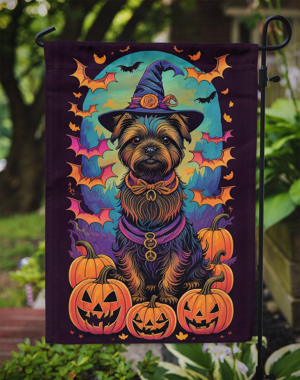 Cairn Terrier Witchy Halloween Garden Flag – Witch Dog with Pumpkins, Bats & Jack-o'-Lanterns