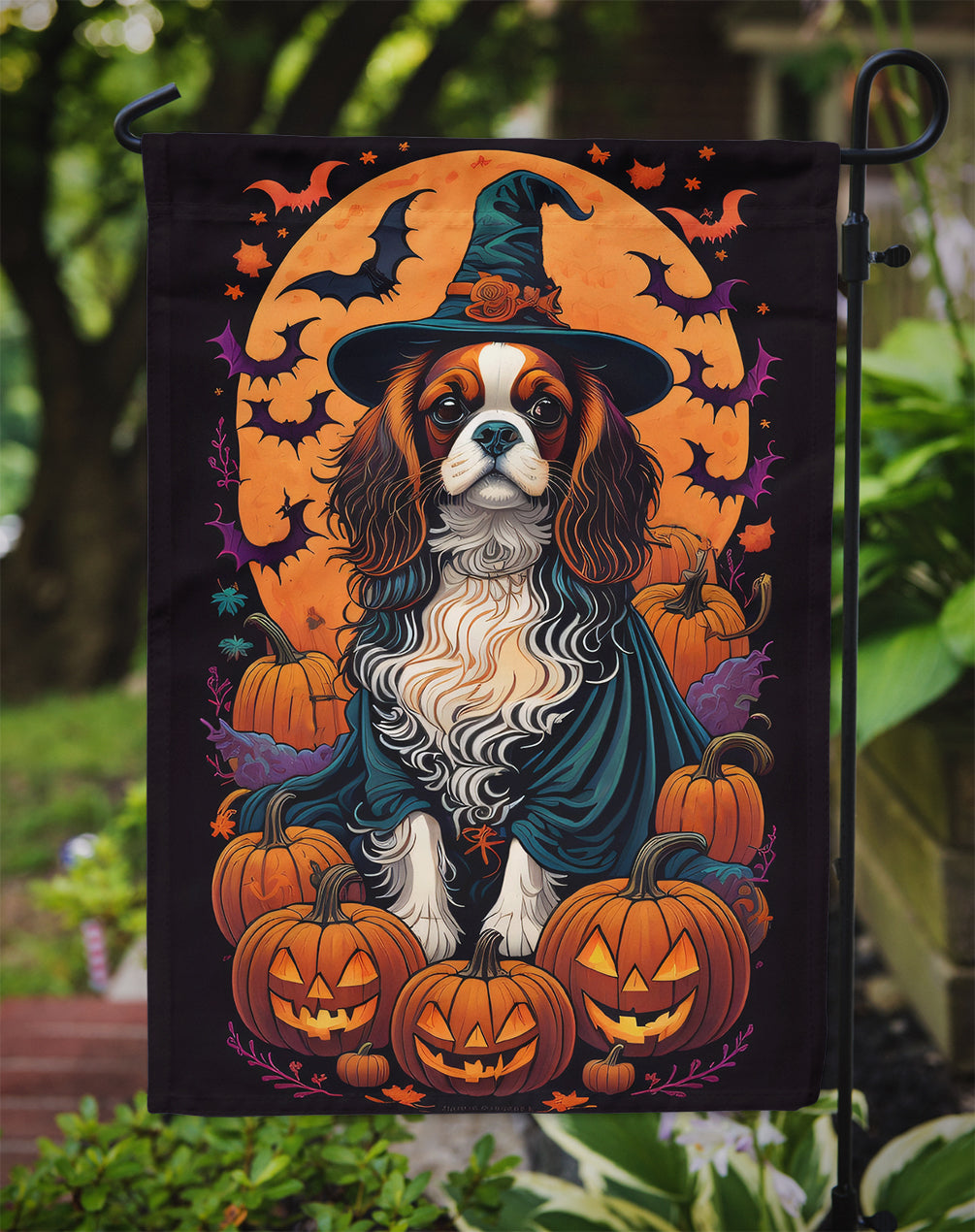 Cavalier Spaniel Witchy Halloween Garden Flag – Witch Dog with Pumpkins, Bats & Jack-o'-Lanterns