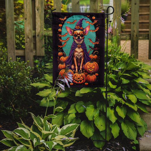 Chihuahua Witchy Halloween Garden Flag – Witch Dog with Pumpkins, Bats & Jack-o'-Lanterns