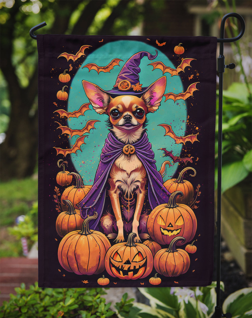 Chihuahua Witchy Halloween Garden Flag – Witch Dog with Pumpkins, Bats & Jack-o'-Lanterns