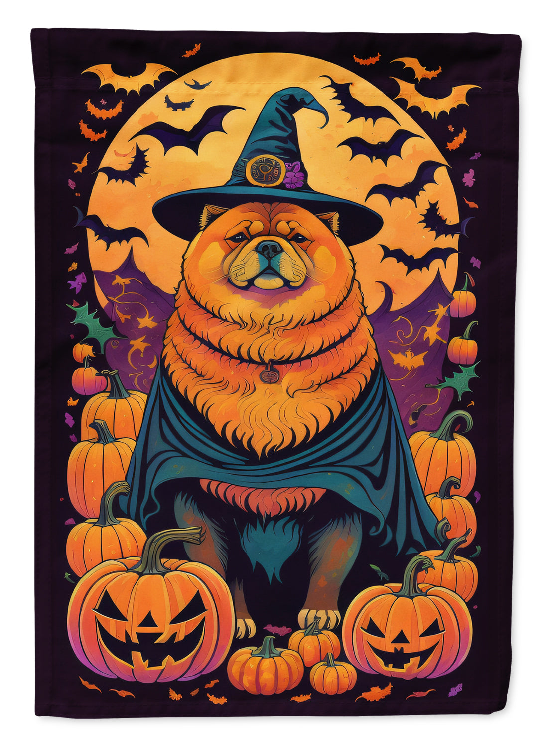 Chow Chow Witchy Halloween Garden Flag – Witch Dog with Pumpkins, Bats & Jack-o'-Lanterns