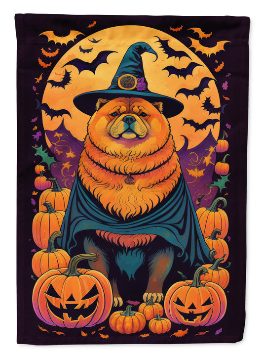 Chow Chow Witchy Halloween Garden Flag – Witch Dog with Pumpkins, Bats & Jack-o'-Lanterns