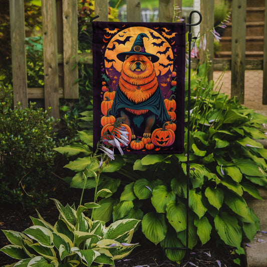 Chow Chow Witchy Halloween Garden Flag – Witch Dog with Pumpkins, Bats & Jack-o'-Lanterns