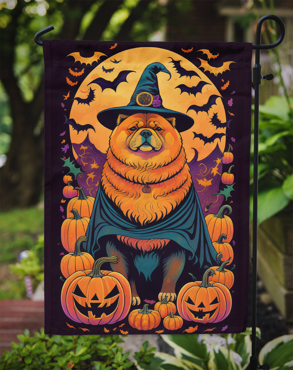 Chow Chow Witchy Halloween Garden Flag – Witch Dog with Pumpkins, Bats & Jack-o'-Lanterns