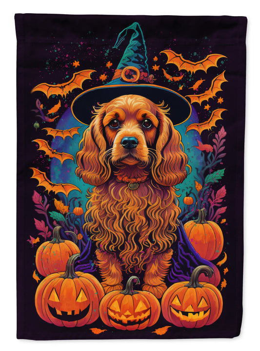 Cocker Spaniel Witchy Halloween Garden Flag – Witch Dog with Pumpkins, Bats & Jack-o'-Lanterns