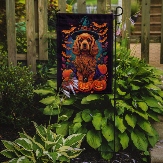 Cocker Spaniel Witchy Halloween Garden Flag – Witch Dog with Pumpkins, Bats & Jack-o'-Lanterns