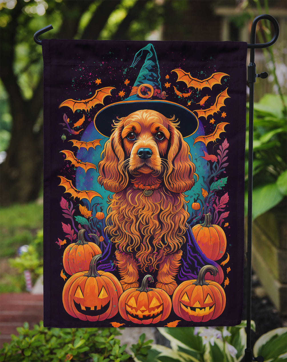 Cocker Spaniel Witchy Halloween Garden Flag – Witch Dog with Pumpkins, Bats & Jack-o'-Lanterns