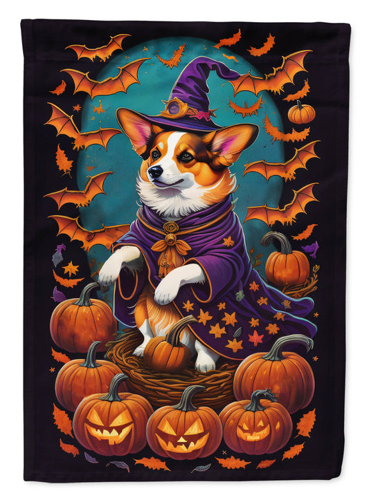 Corgi Witchy Halloween Garden Flag – Witch Dog with Pumpkins, Bats & Jack-o'-Lanterns