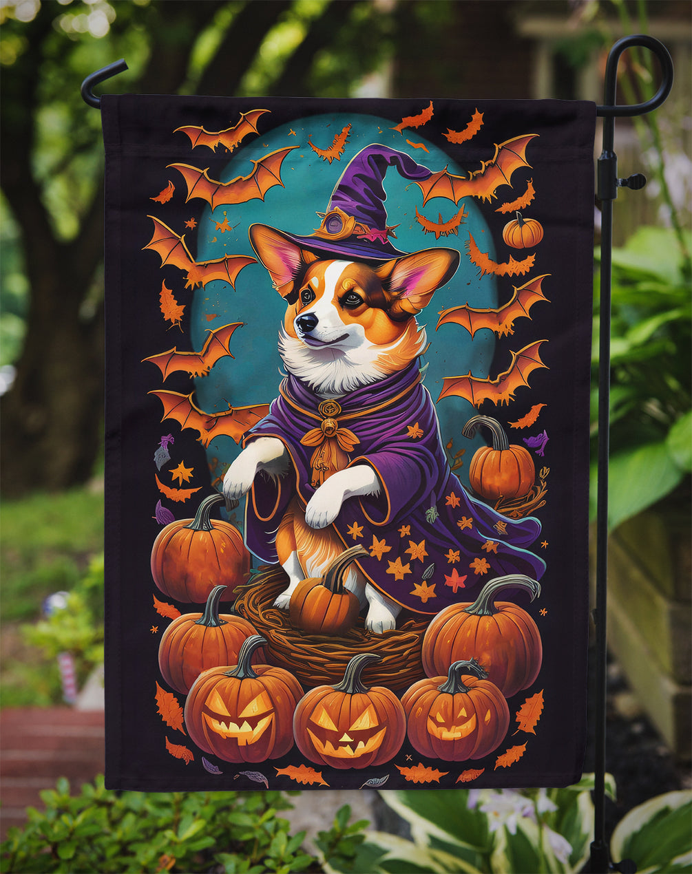 Corgi Witchy Halloween Garden Flag – Witch Dog with Pumpkins, Bats & Jack-o'-Lanterns