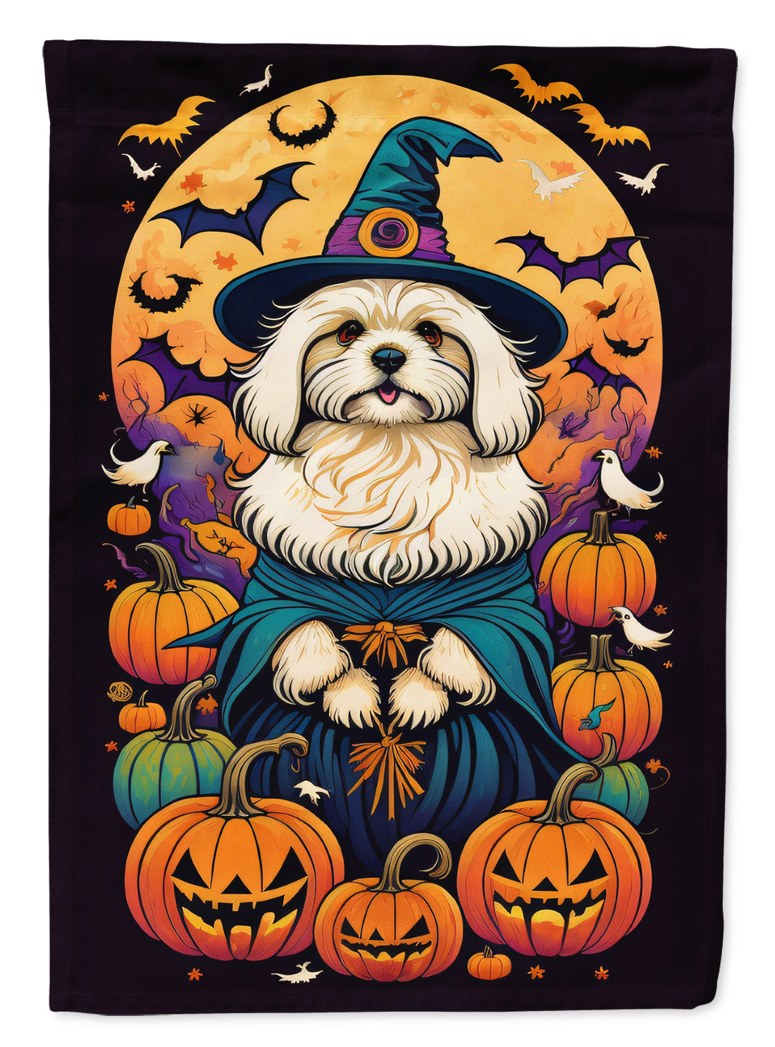 Coton De Tulear Witchy Halloween Garden Flag – Witch Dog with Pumpkins, Bats & Jack-o'-Lanterns