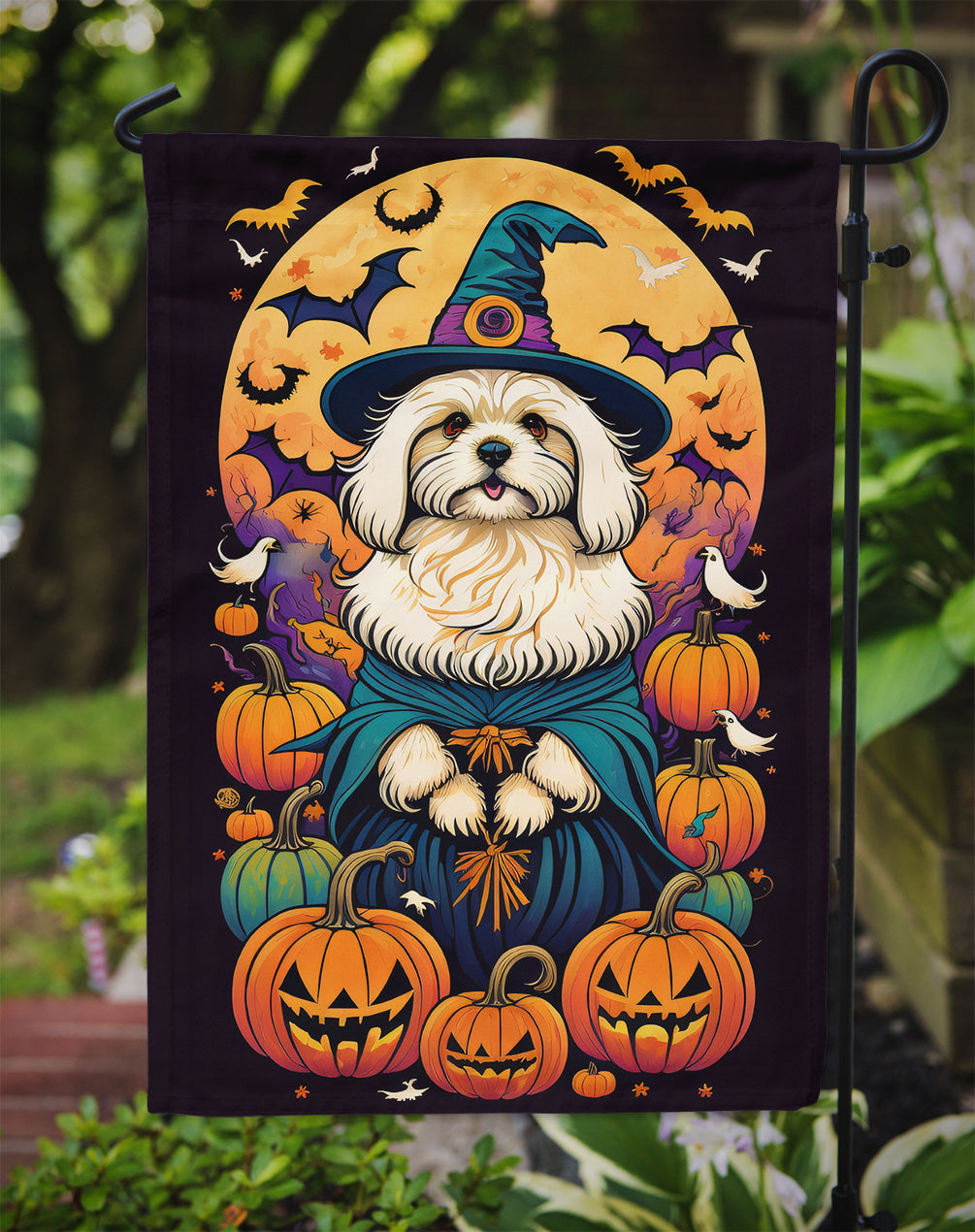 Coton De Tulear Witchy Halloween Garden Flag – Witch Dog with Pumpkins, Bats & Jack-o'-Lanterns