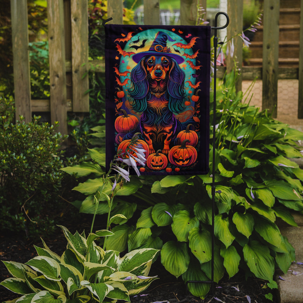 Longhair Black and Tan Dachshund Witchy Halloween Garden Flag – Witch Dog with Pumpkins, Bats & Jack-o'-Lanterns