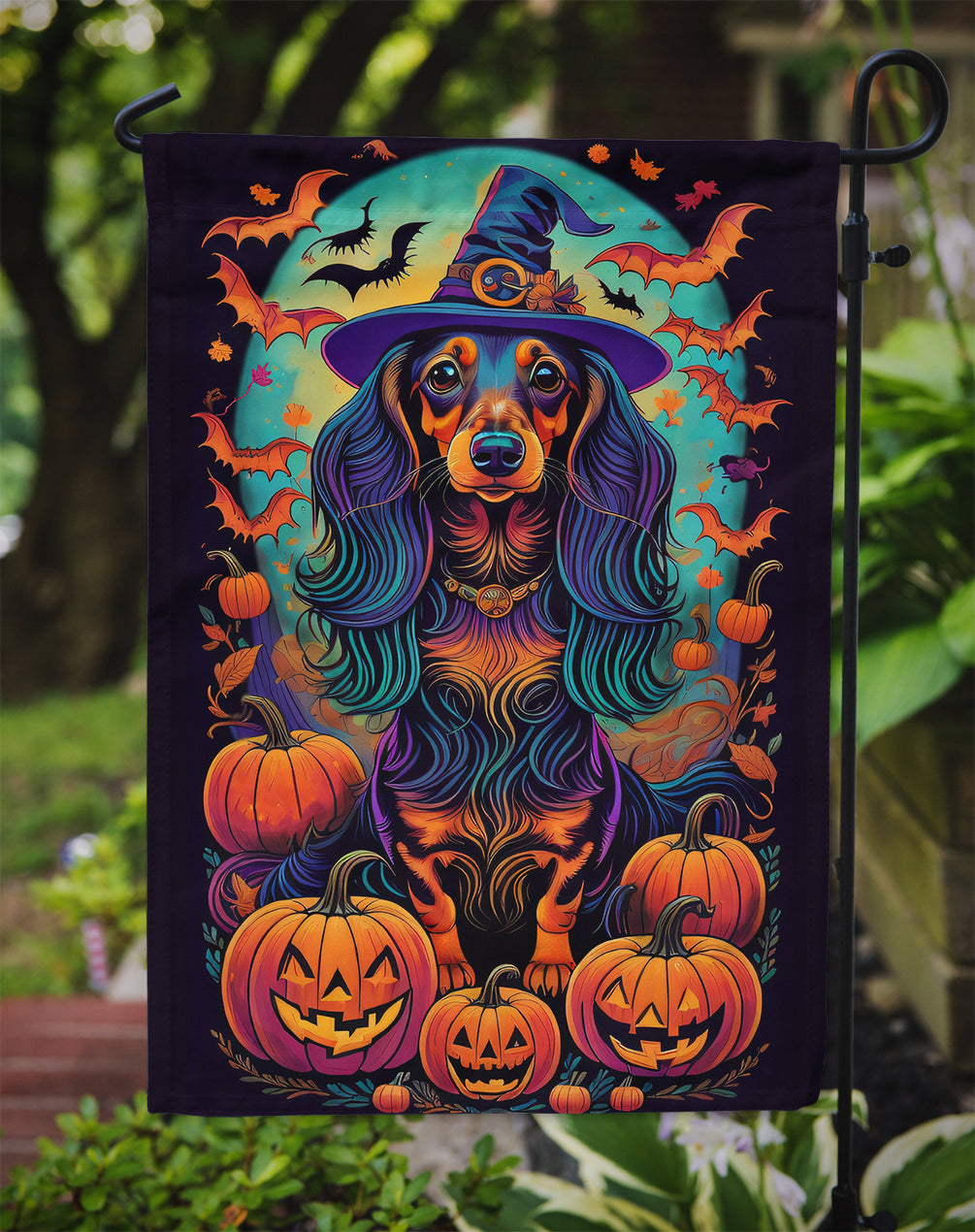 Longhair Black and Tan Dachshund Witchy Halloween Garden Flag – Witch Dog with Pumpkins, Bats & Jack-o'-Lanterns