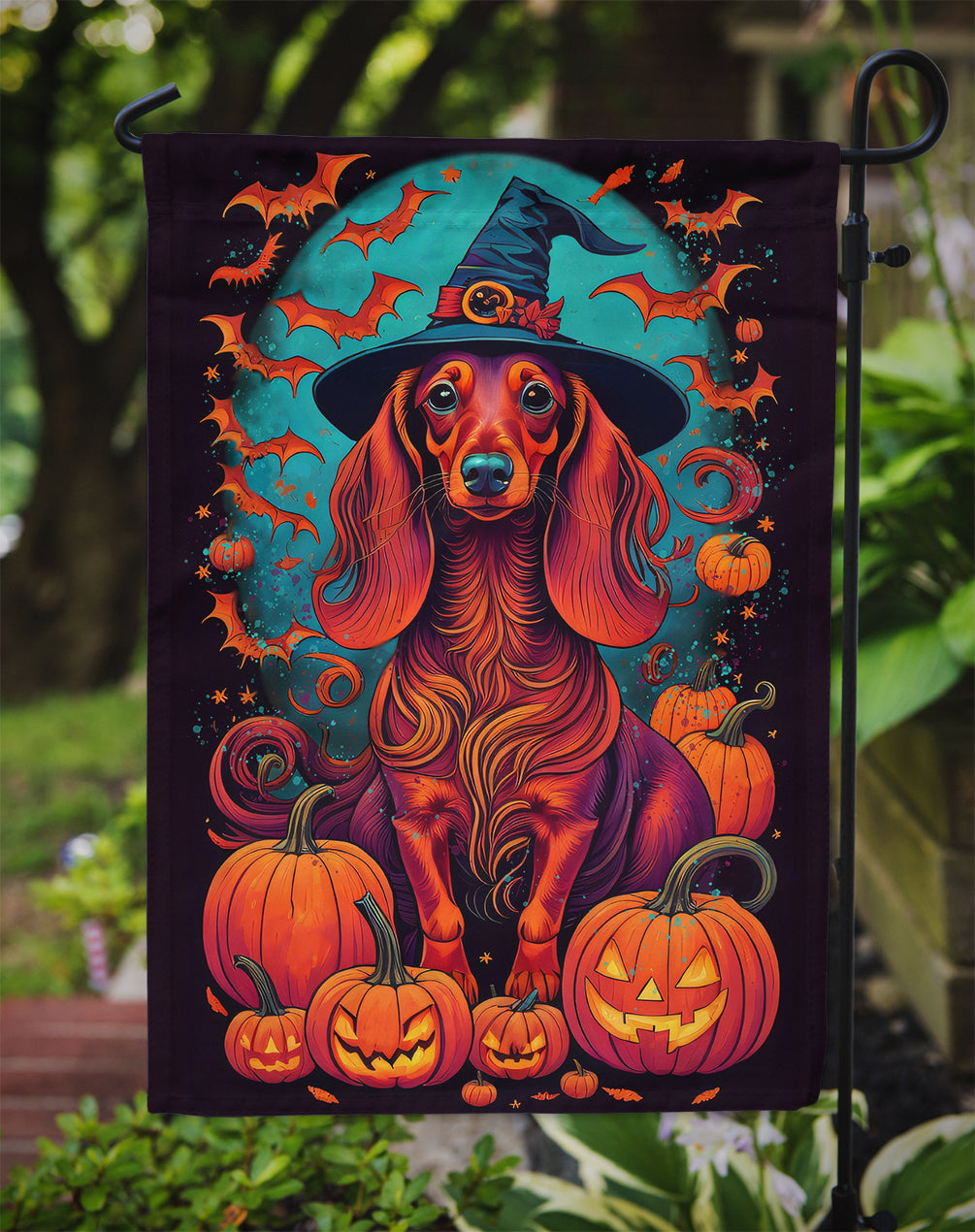 Longhair Dachshund Witchy Halloween Garden Flag – Outdoor Decorative Garden Flag