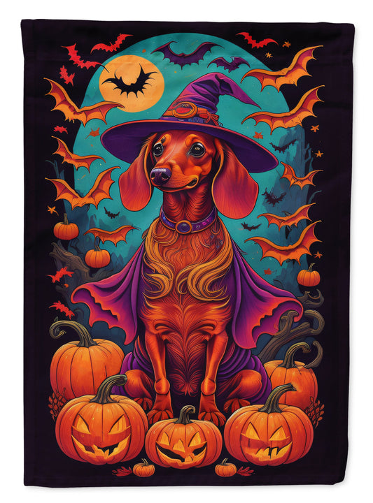 Dachshund Witchy Halloween Garden Flag – Witch Dog with Pumpkins, Bats & Jack-o'-Lanterns