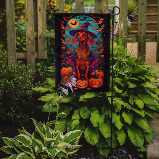 Dachshund Witchy Halloween Garden Flag – Witch Dog with Pumpkins, Bats & Jack-o'-Lanterns