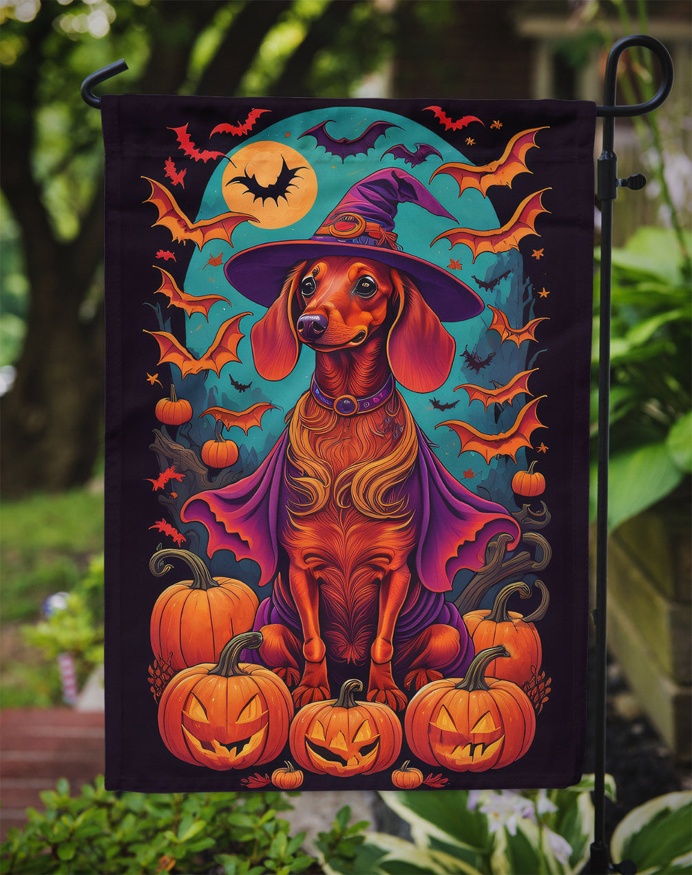 Dachshund Witchy Halloween Garden Flag – Witch Dog with Pumpkins, Bats & Jack-o'-Lanterns