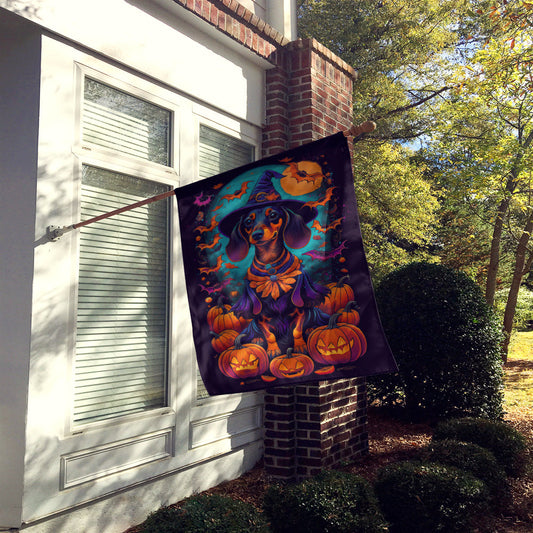 Black and Tan Dachshund Witchy Halloween House Flag