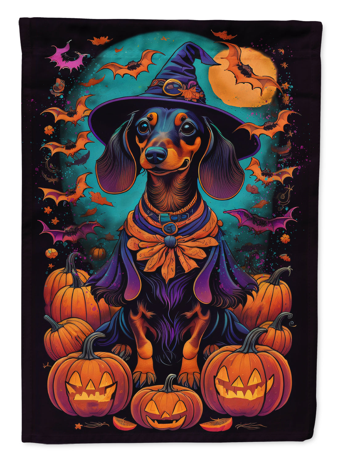 Black and Tan Dachshund Witchy Halloween Garden Flag – Witch Dog with Pumpkins, Bats & Jack-o'-Lanterns