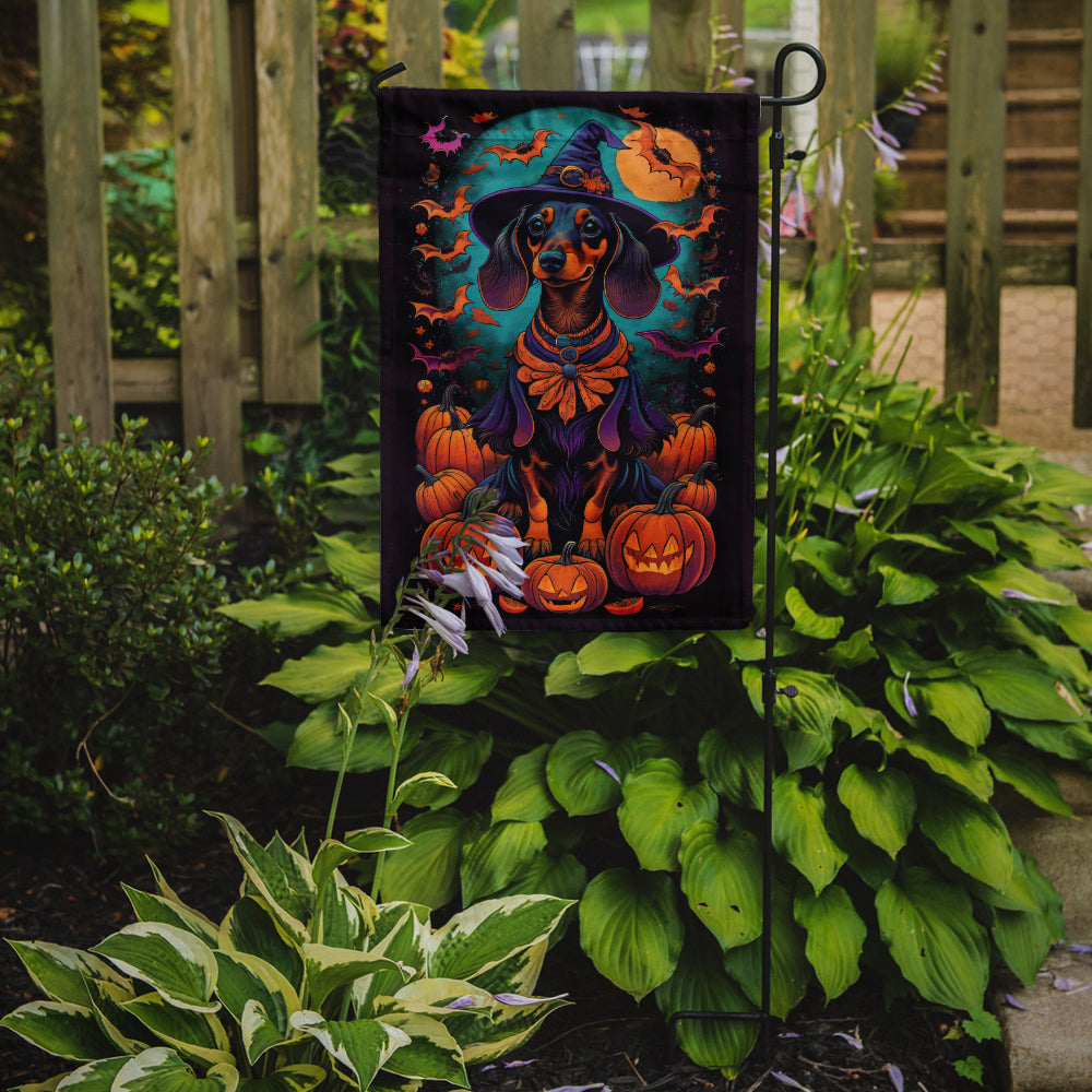 Black and Tan Dachshund Witchy Halloween Garden Flag – Witch Dog with Pumpkins, Bats & Jack-o'-Lanterns