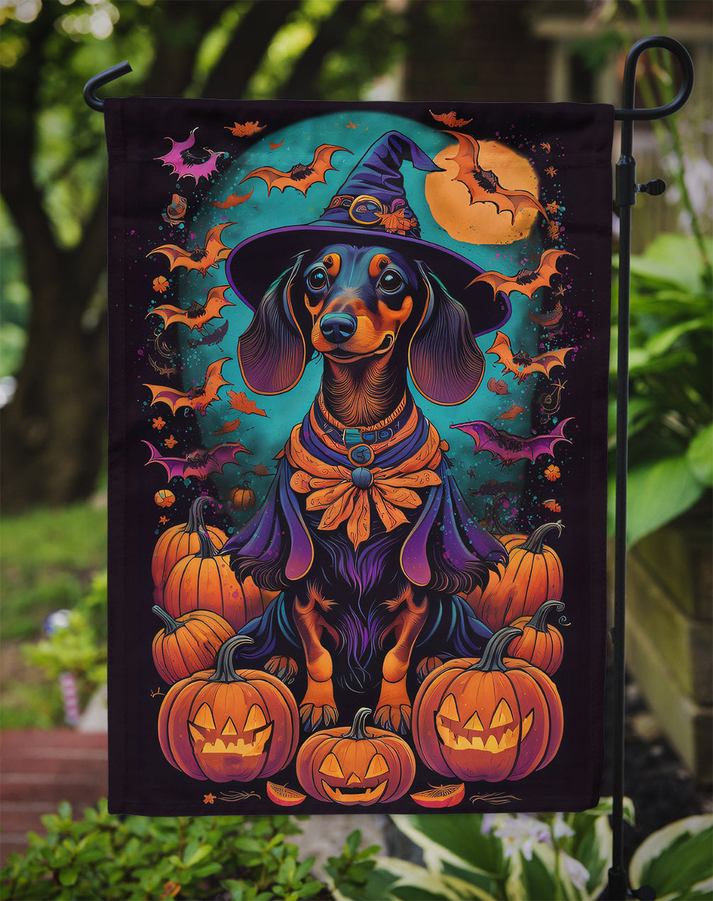 Black and Tan Dachshund Witchy Halloween Garden Flag – Witch Dog with Pumpkins, Bats & Jack-o'-Lanterns