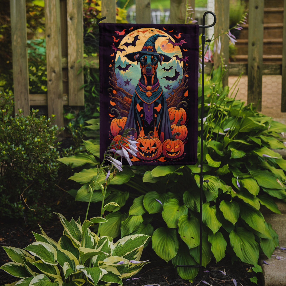 Doberman Pinscher Witchy Halloween Garden Flag – Witch Dog with Pumpkins, Bats & Jack-o'-Lanterns