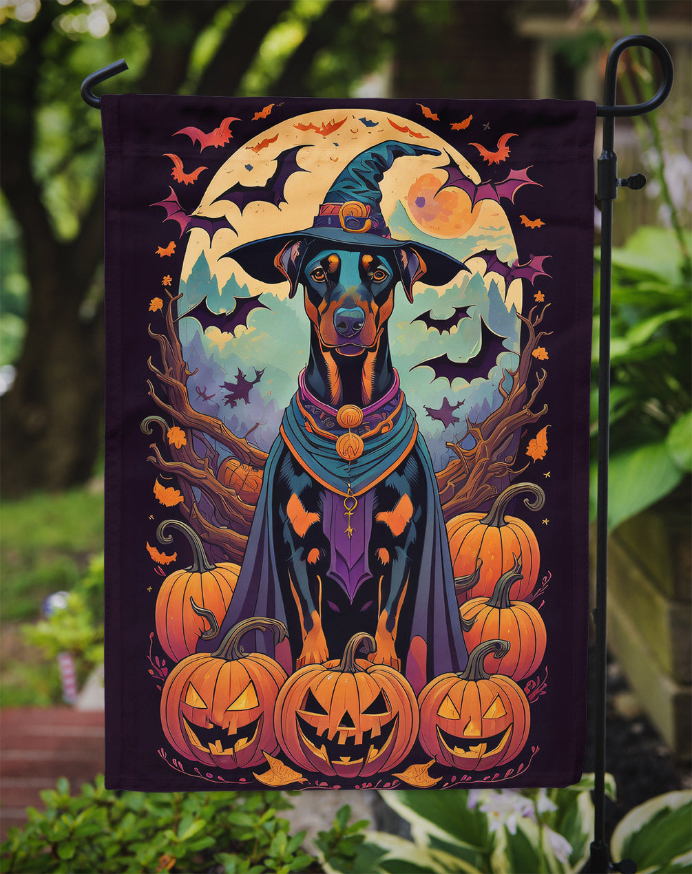 Doberman Pinscher Witchy Halloween Garden Flag – Witch Dog with Pumpkins, Bats & Jack-o'-Lanterns