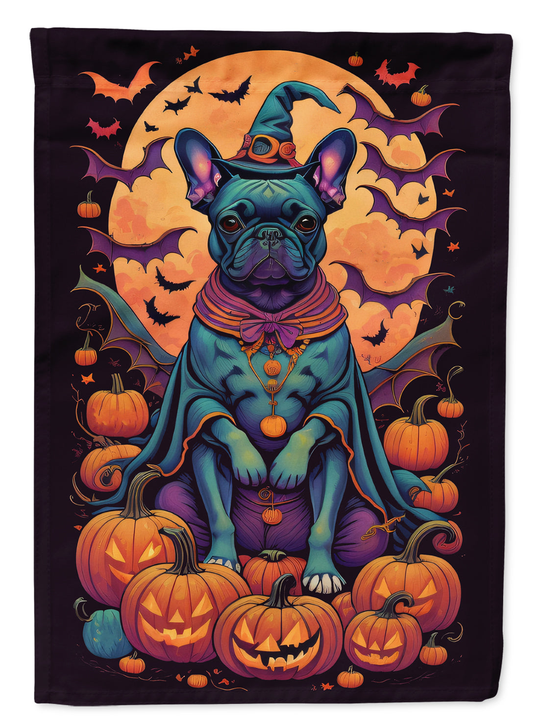 Black French Bulldog Witchy Halloween Garden Flag – Witch Dog with Pumpkins, Bats & Jack-o'-Lanterns