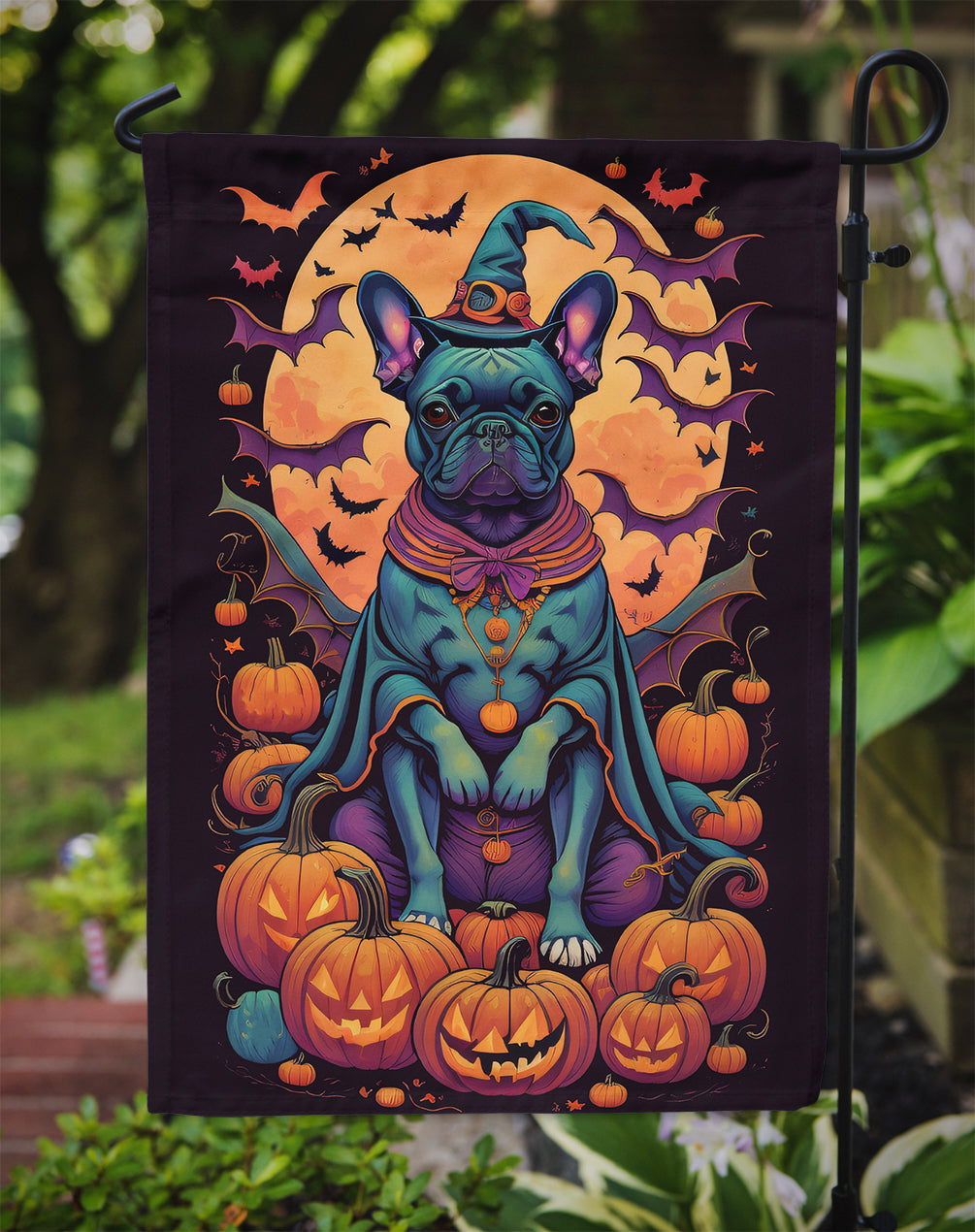 Black French Bulldog Witchy Halloween Garden Flag – Witch Dog with Pumpkins, Bats & Jack-o'-Lanterns