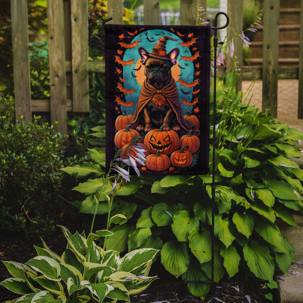 French Bulldog Witchy Halloween Garden Flag – Witch Dog with Pumpkins, Bats & Jack-o'-Lanterns
