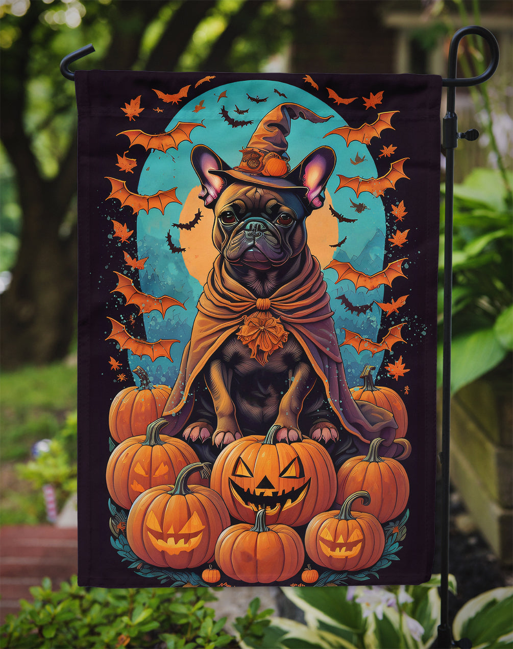 French Bulldog Witchy Halloween Garden Flag – Witch Dog with Pumpkins, Bats & Jack-o'-Lanterns