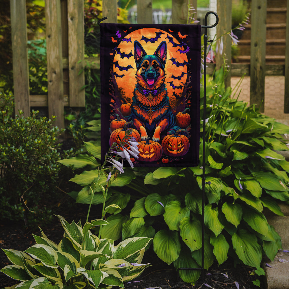 German Shepherd Witchy Halloween Garden Flag – Witch Dog with Pumpkins, Bats & Jack-o'-Lanterns