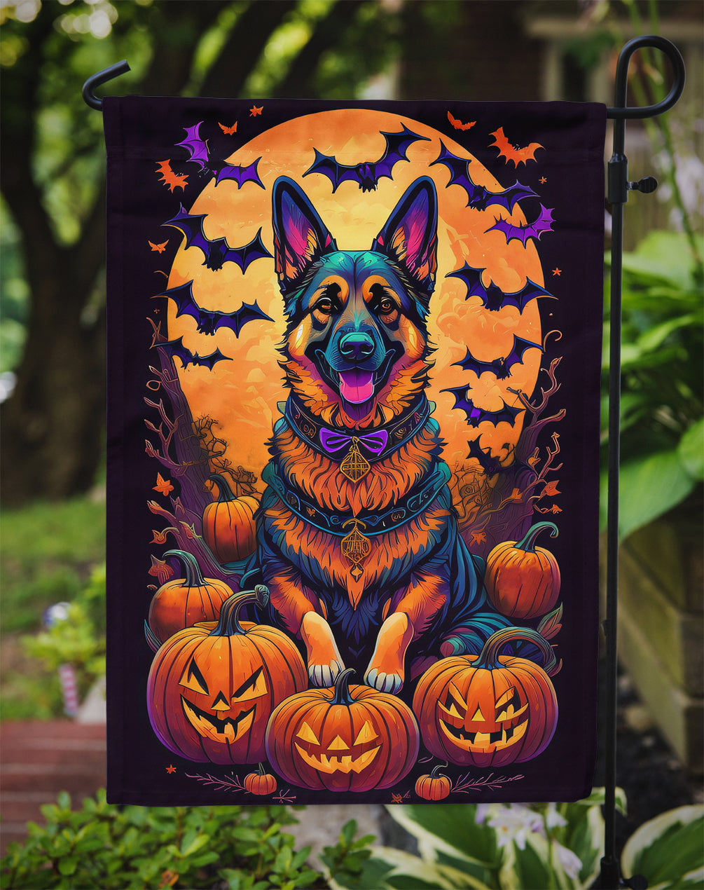 German Shepherd Witchy Halloween Garden Flag – Witch Dog with Pumpkins, Bats & Jack-o'-Lanterns