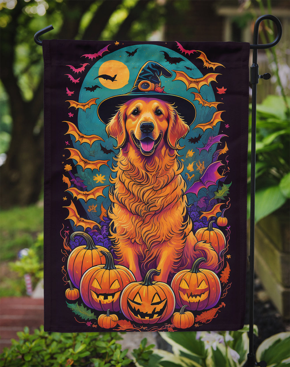 Golden Retriever Witchy Halloween Garden Flag – Witch Dog with Pumpkins, Bats & Jack-o'-Lanterns