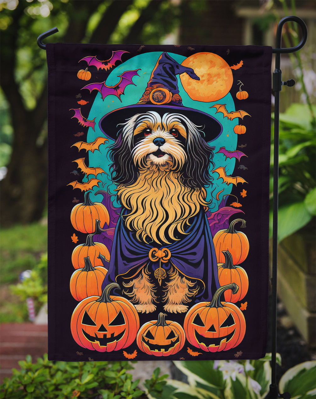 Havanese Witchy Halloween Garden Flag – Witch Dog with Pumpkins, Bats & Jack-o'-Lanterns