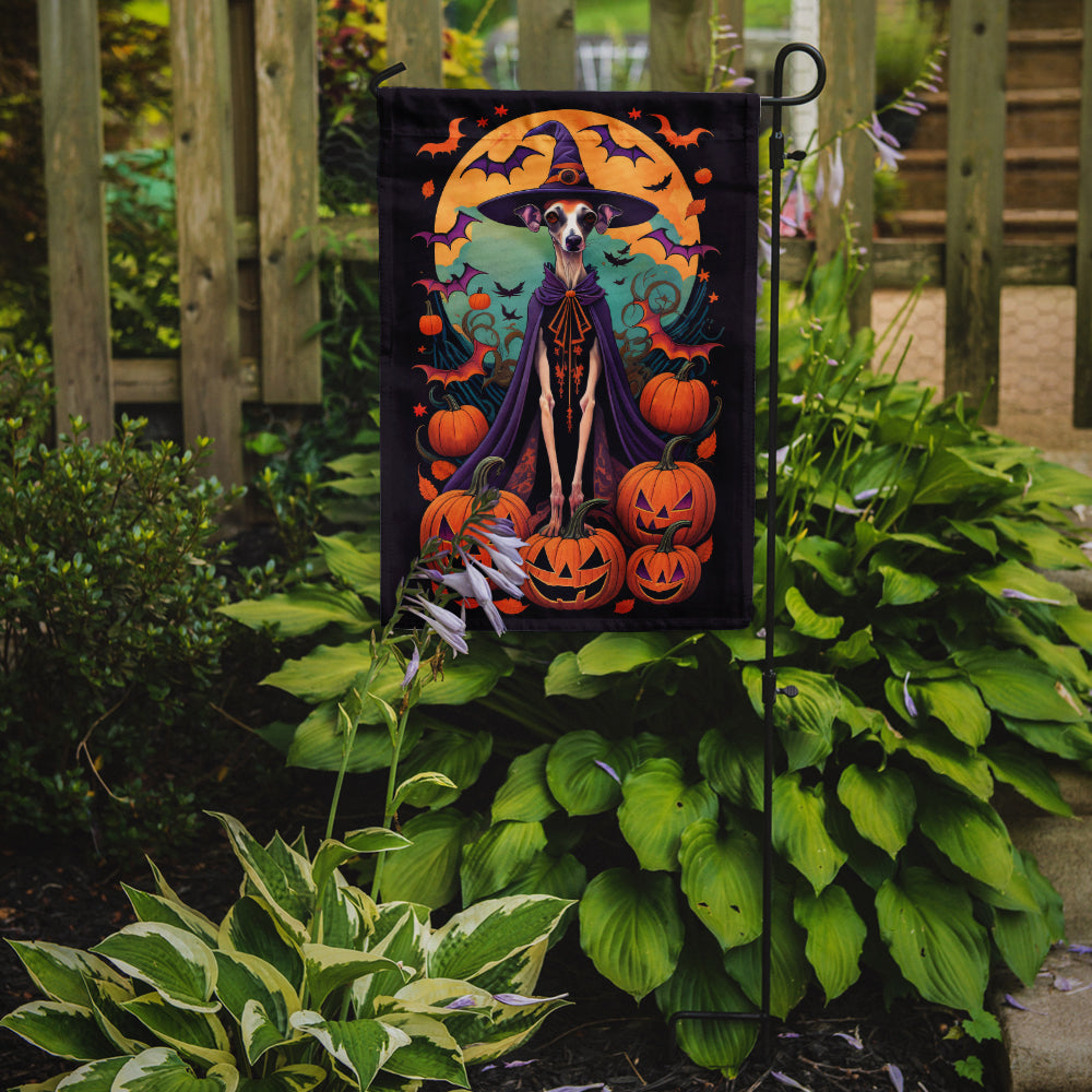 Italian Greyhound Witchy Halloween Garden Flag – Witch Dog with Pumpkins, Bats & Jack-o'-Lanterns